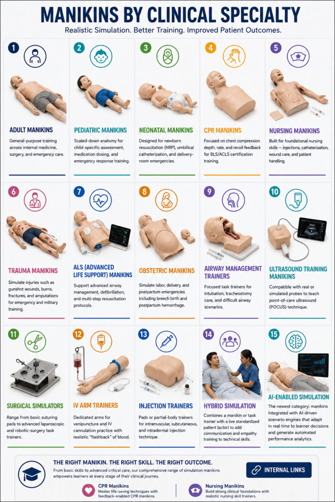 A full-page infographic grid — icons for each of the 17 manikin types with a one-line use case beneath each