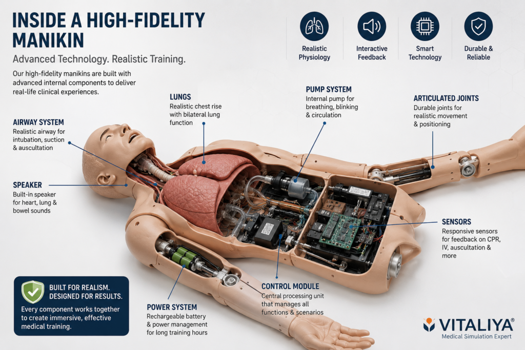 A labeled cutaway diagram of a high-fidelity manikin showing internal components — lungs, pump system, speaker, sensors.